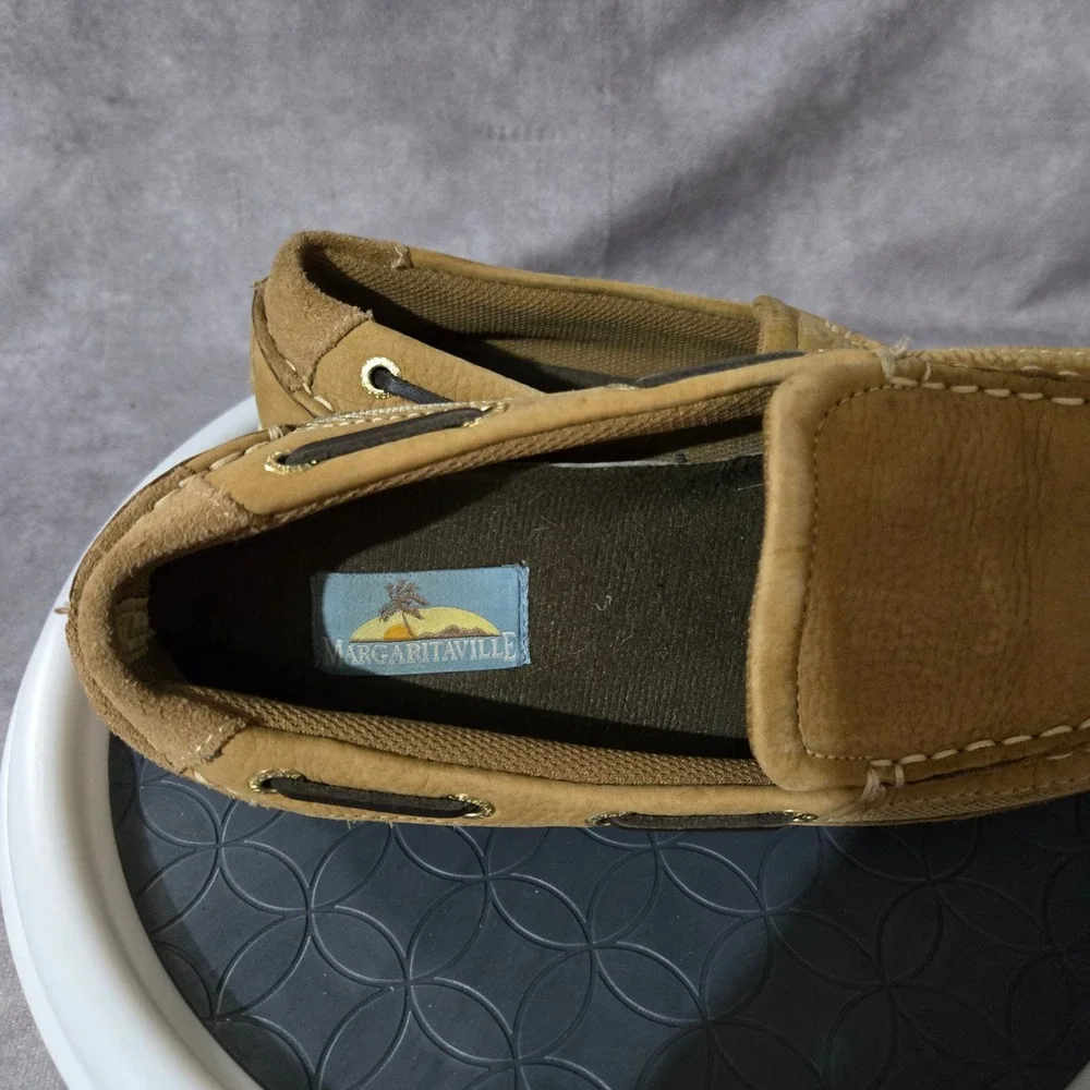 Margaritaville Boat Shoes Womens 7.5 Tan Leather Mesh Slip On Loafers Deck Shoes